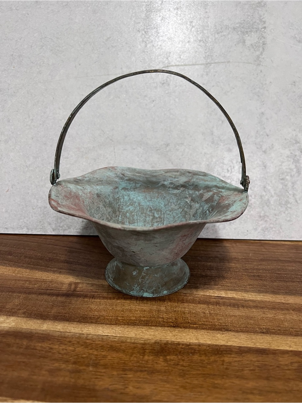 Vintage brass patina Verdigris Green Metal Display Basket with Handle